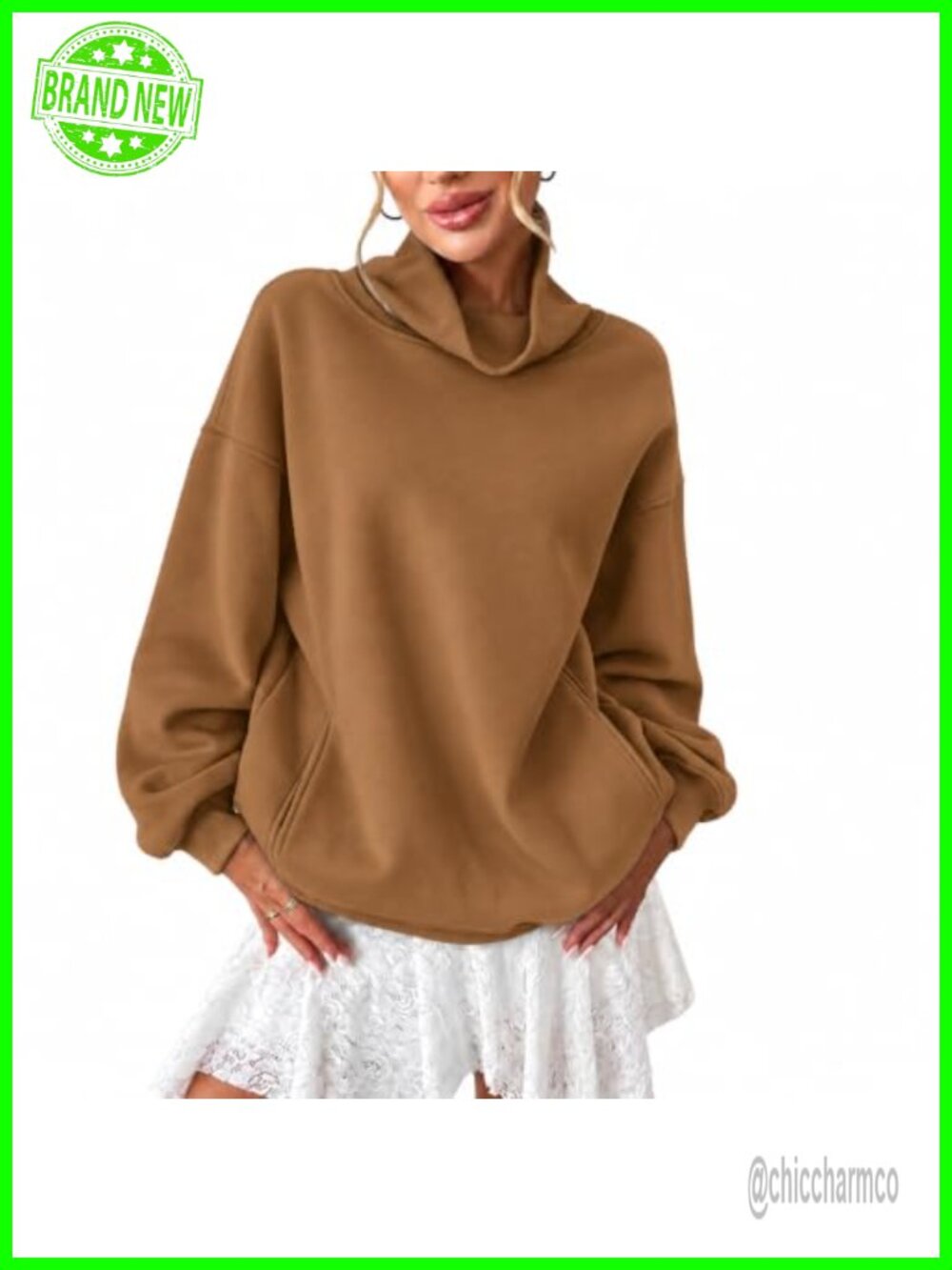 Mock Neck Oversized Sweatshirt Pullover Pockets Cotton Blend